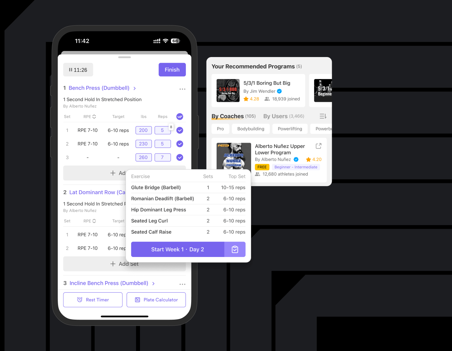 Boostcamp workout app showing strength training program